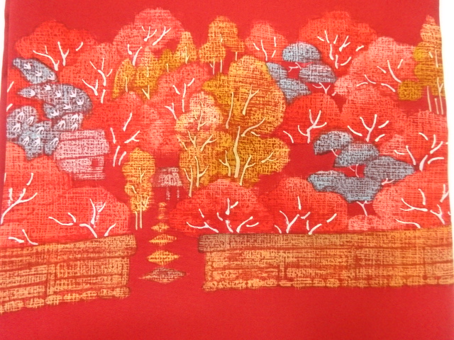 アンティーク　作家物　塩瀬手描き屋敷風景模様名古屋帯